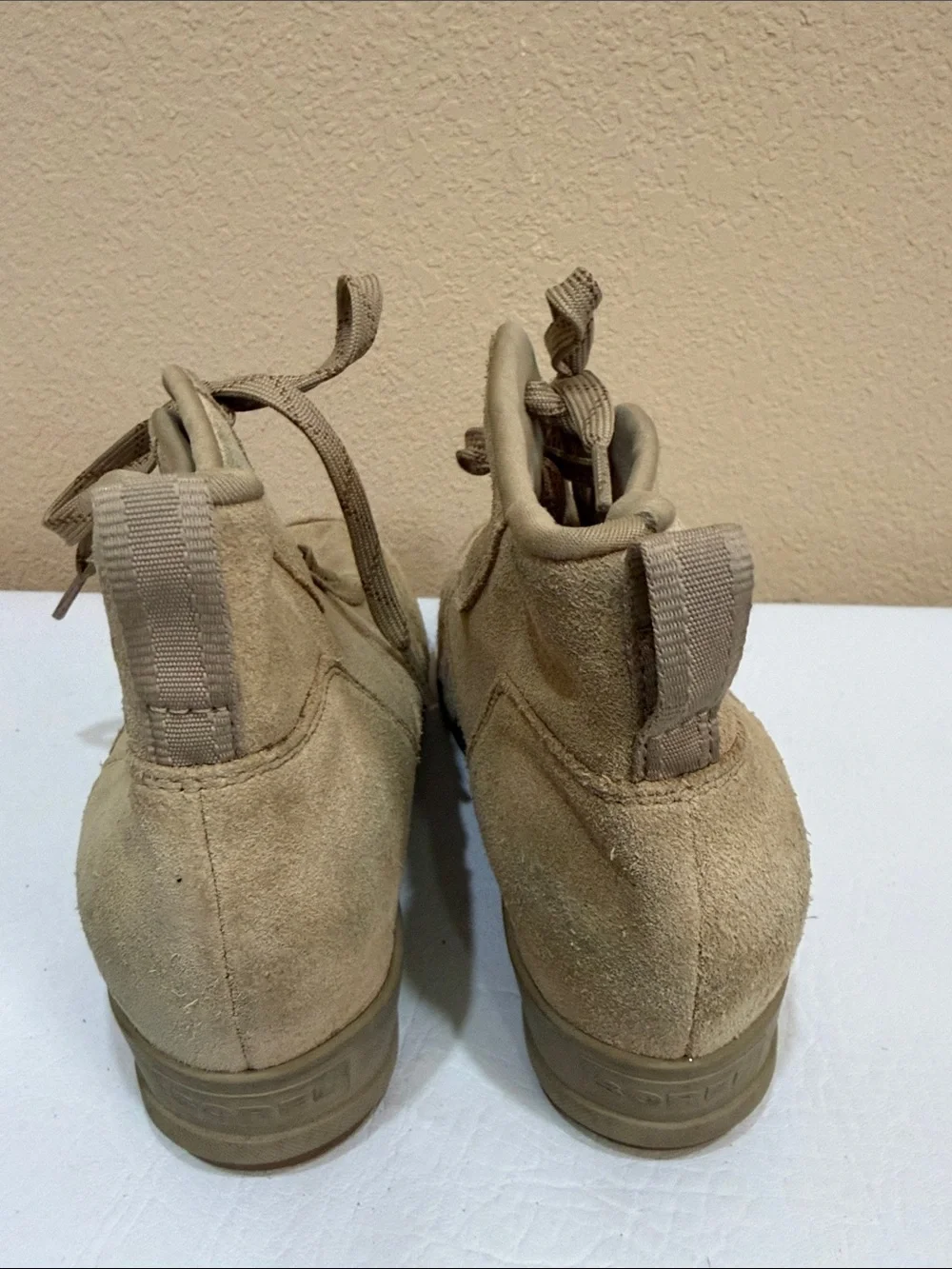 Sorel Beige Suede Lace-Up Wedge Sneakers